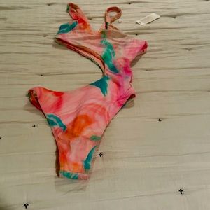 Frankie’s bikinis makie on piece trip marble swim suit with cut out center